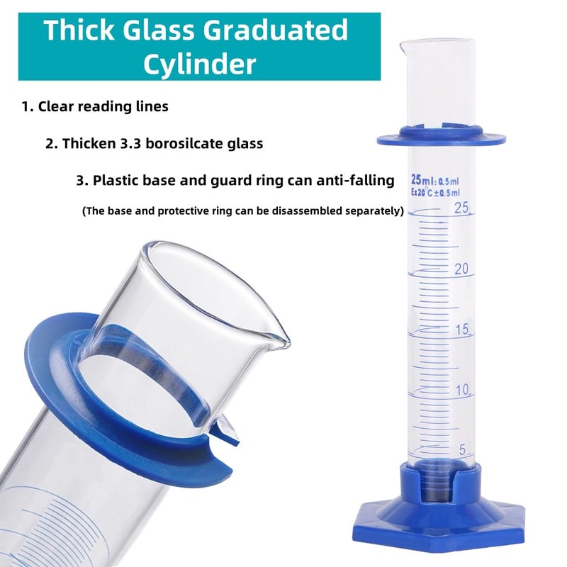 KIGITIK 2Pcs 25ml Graduated Cylinder, Thick Glass Measuring Cylinder, with Anti-Falling Plastic Base and Bumper Guards, for Science Laboratory Measuring Liquid, Bring 2 Brushes and 2 droppers - Image 3